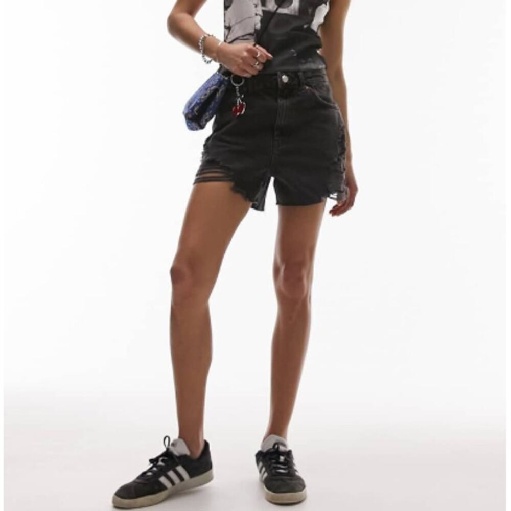 NWT TOPSHOP Washed Black Denim A-Line Mom Shorts With Rips Size 10